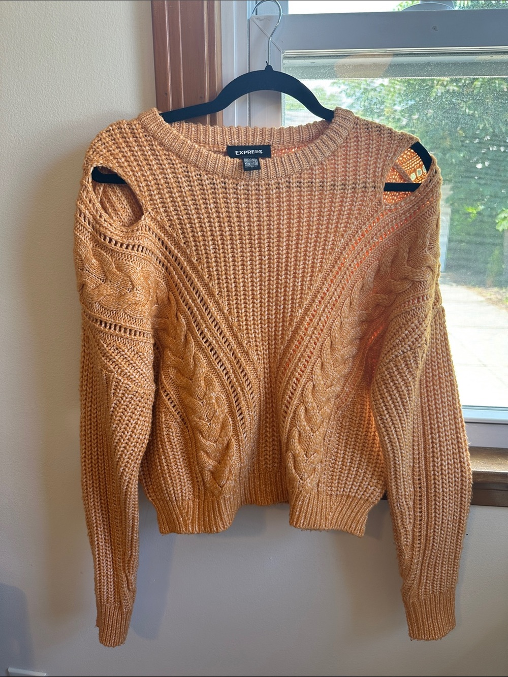 Express Peach/Coral Cable-Knit Cold-Shoulder Sweater